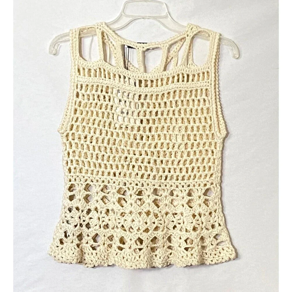 Zara Limited Edition Crochet Tank Top Womens Size Large Cream Acrylic Peplum NWT - Picture 4 of 14